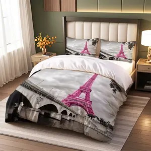 Eiffel Tower Print Bedding Set, Paris Street Scene Floral Pattern, Soft Skin-Friendly, Includes 2 Matching Pillowcases, No Filling