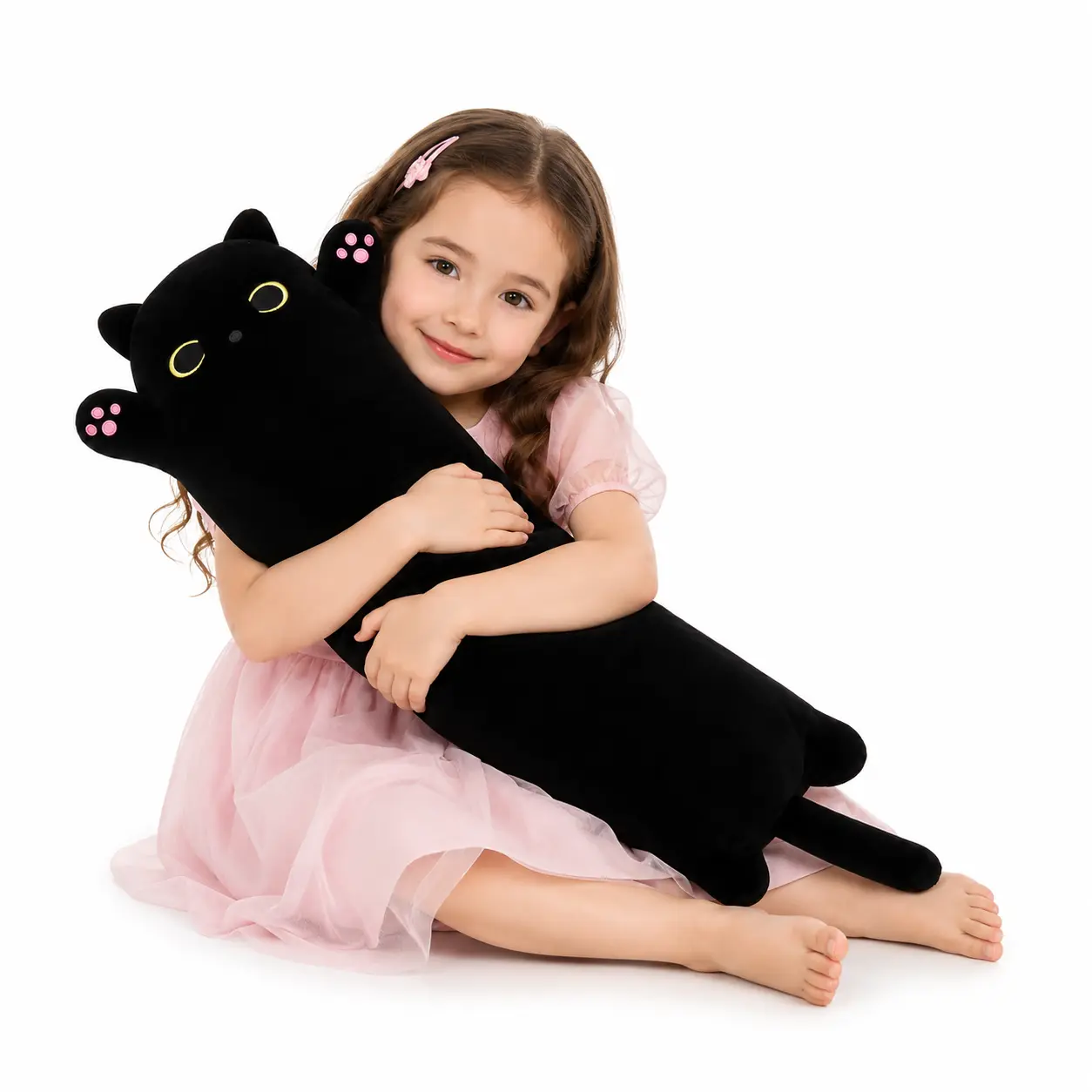 CHUBBYJOY Black Cat Long Plush Body Pillow, 20Inch Soft Stuffed Cat with Pink Paw Pads, PP Cotton Cuddle Hug Pillow,   Cute Girly Gifts   Bedroom Decor Squishy Plush Toy for Kids Cat Lovers
