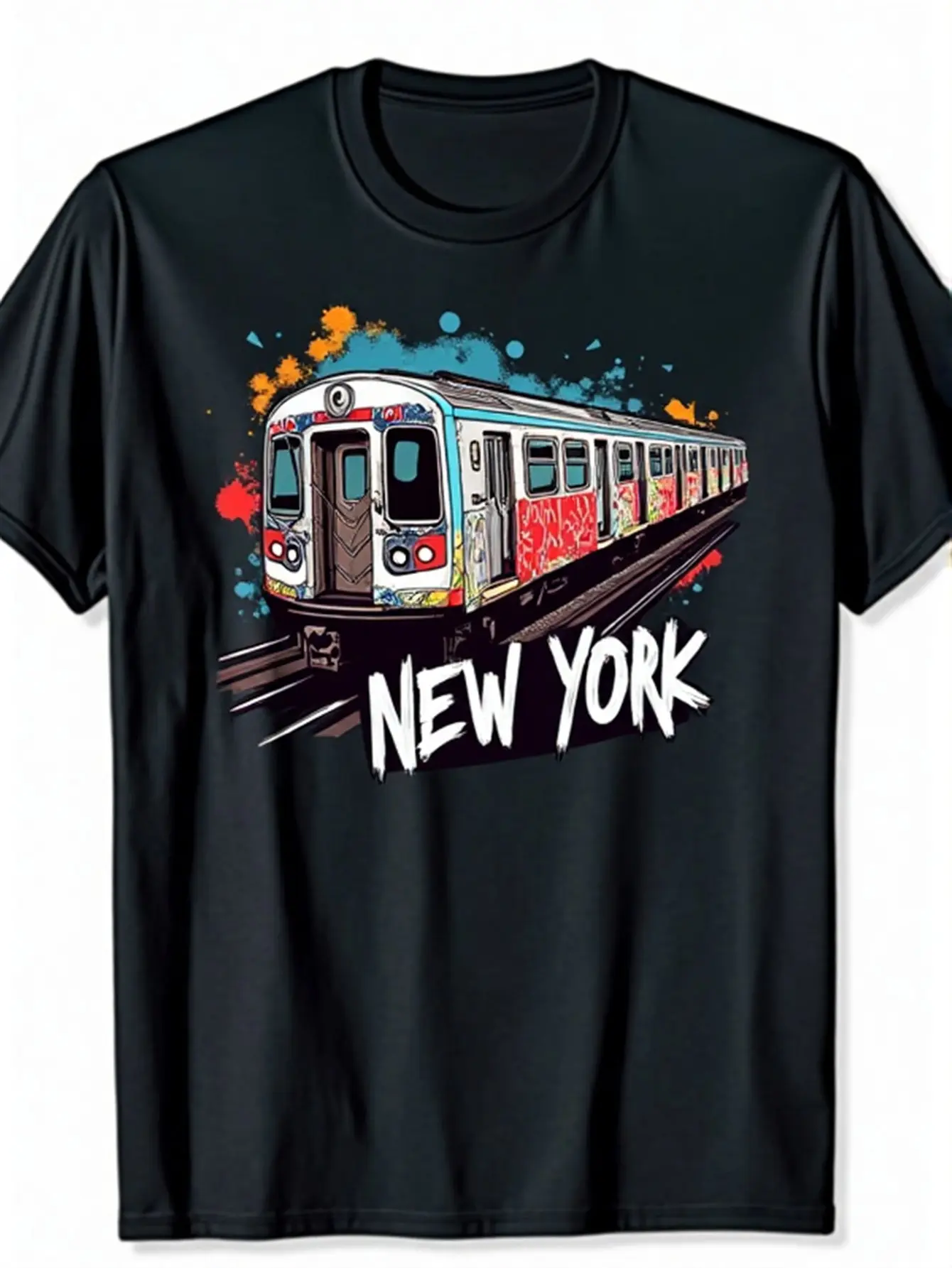 Men's New York City Subway Graffiti Graphic T-Shirt - Retro Vintage NYC Train Design with Bold White Lettering & Colorful Graffiti Art, Casual Round Neck Short Sleeve Tee for Urban Streetwear & Everyday Comfort (Machine Washable), Geometric Pattern, Mediu
