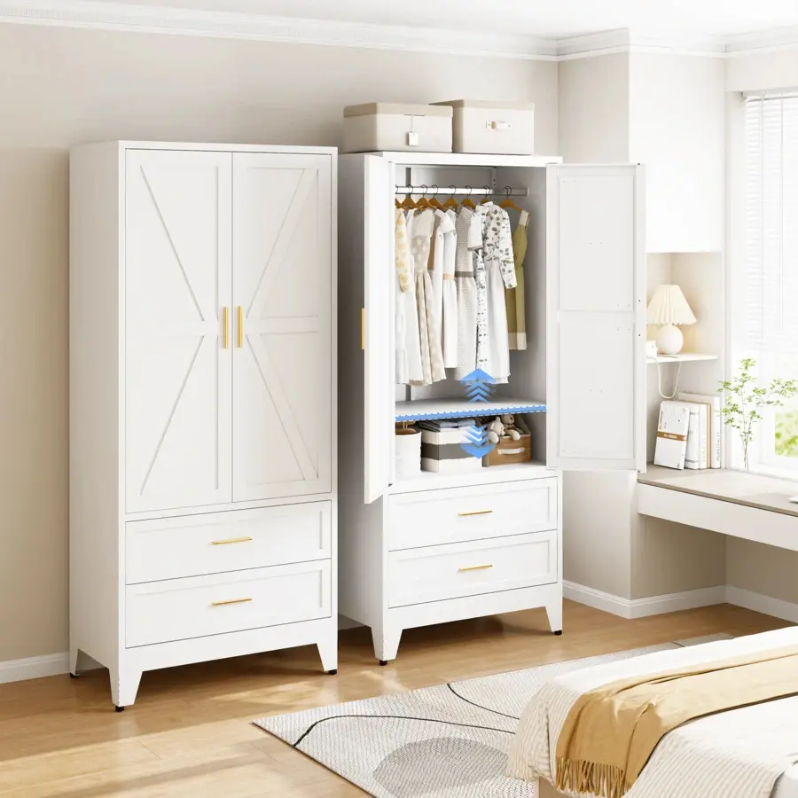 71-Inch Metal Wardrobe, Equipped With Hanging Rods, Adjustable Shelves And A Double-Door Storage Cabinet With 2 Drawers. Suitable For Bedroom Cloakroom, Laundry Room, Living Room Decoration, Office And Other Home Decorations.
