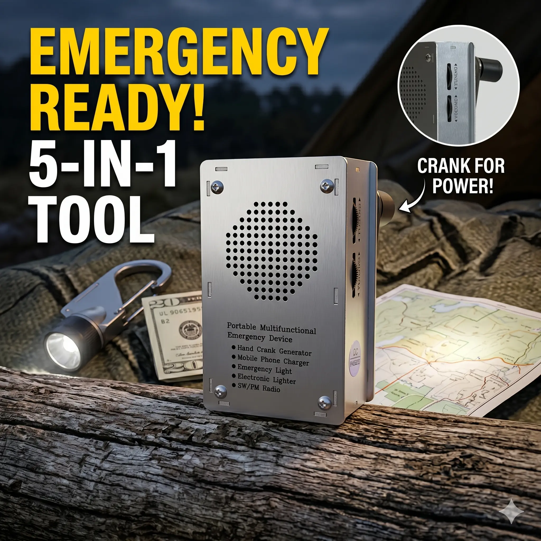 5-in-1 Hand Crank Emergency Survival Radio for Outdoor Camping Emergency Rechargeable LED Work Light High Lumen Fire Starting Flashlight