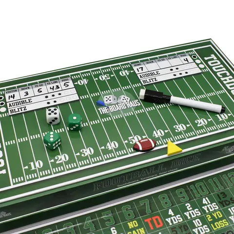 The Board Haus Football Dice Board Game with Detailed Stats Chart for Up to 6 Players Includes Board, 3 Dice, Football Marker, First Down Marker, Dry Erase Marker, and Instructions