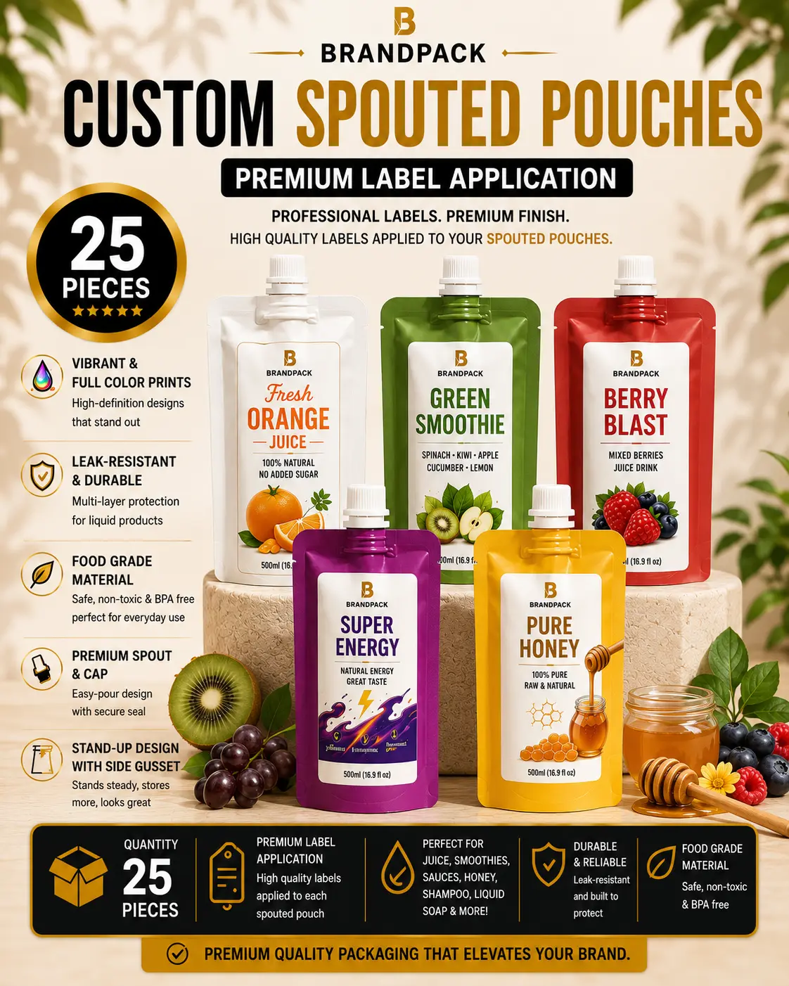 Custom Spouted Pouches | Premium Label Application|25 Pieces