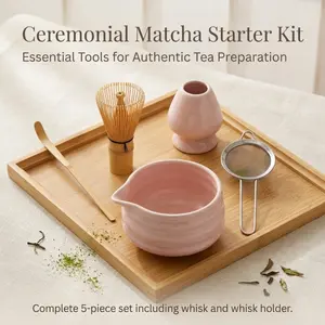 5-Piece Pink Ceramic Matcha Tea Set, Complete Japanese Kit with Bamboo Whisk, Sieve, Scoop & Holder, Traditional Ceremony Tools for Home Brewing & Gifting
