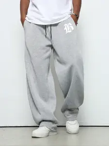 Letter Print Loose-Fit Straight Leg Sweatpants, Adjustable Drawstring Sweatpants, Drawstring Waistband, Dual Pockets Casual Sportswear Suitable for Daily Wear and Leisure Activities, Athleisure Style, Casual Comfy Sweatpants