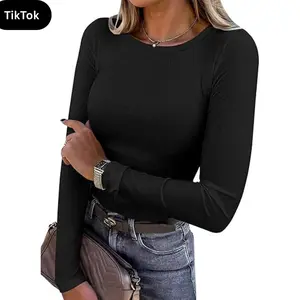 Women's Long Sleeve Rib Knit Slim Fit Tops Basic for Spring & Fall Outfits Casual Layering T-Shirt Comfortable & Stylish