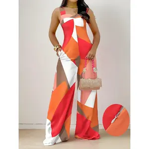 Women's Geometric Print Tank Jumpsuit, Casual Sleeveless Jumpsuit for Summer, Women's Jumpsuit for Beach Holiday, Elegant Party Jumpsuit, Wide Leg