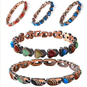 Retro Heart Synthetic Turquoise Magnetic Bracelet Antique Copper Plated Zinc Alloy Link for Men Women Vintage Style Accessory