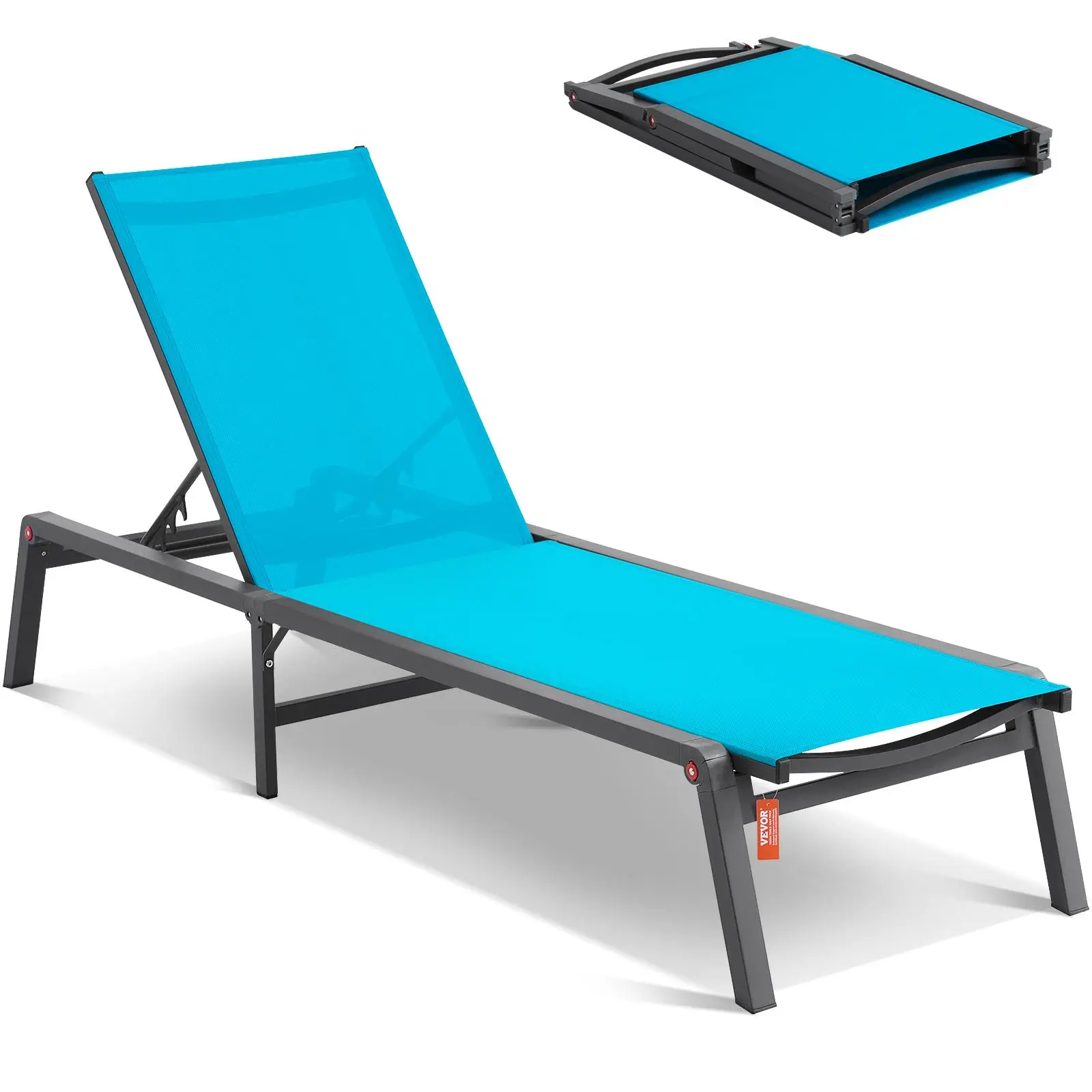 VEVOR Chaise Lounge Chair Outdoor,  Aluminum Patio Lounge Chair with Adjustable 5-Position, Folding Pool Lounge Chair Recliner and Full Flat Tanning Chair for Patio, Beach, Pool, Blue