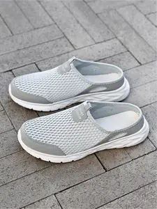Plus Size Men's All-Black Mesh Mule Casual Shoes, Footwear, Slip On Mules, Breathable Comfort Style, Hollowed Mesh + Mule Slip-On Design + Soft Non-Slip Sole, Breathable, Ideal for Plus Size Men's Daily Leisure & Light Outings
