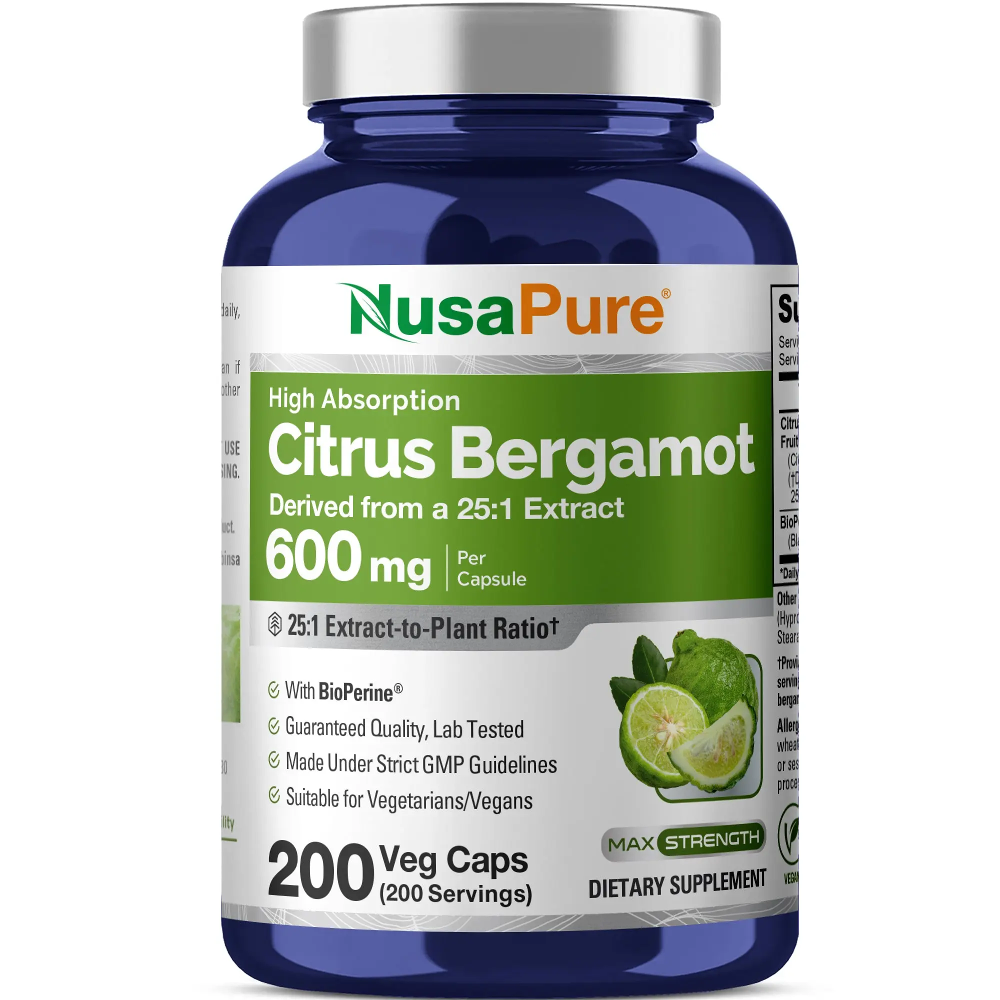 NusaPure Citrus Bergamot Dietary Supplement Capsules, 600 mg 25:1 Extract-to-Plant Ratio Botanical Extracts, 200 Capsules - 200 Servings, Bioperine, Vegan, GMO Free, Antioxidant, Metabolism Support, Supporting Blood Sugar Control, Antioxidant Help, Adults
