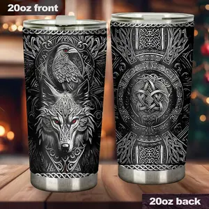 Viking Wolf and Raven Tumbler, Norse Mythology Stainless Steel Cup with Celtic Knot Design, Insulated Travel Mug - scs14360