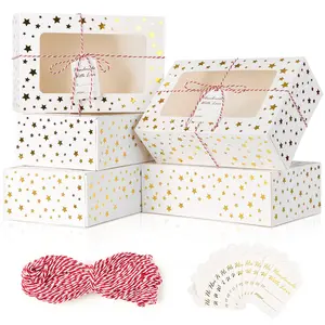 BASIC SUPPLY 12 PCS Christmas Cookie Boxes for Gift Giving, 9x6x3 Inch Golden Star Treat Boxes with Window, Auto-Popup White Bakery Box for Chocolate Covered Strawberries, Dessert, Cupcake, Pastry Packaging