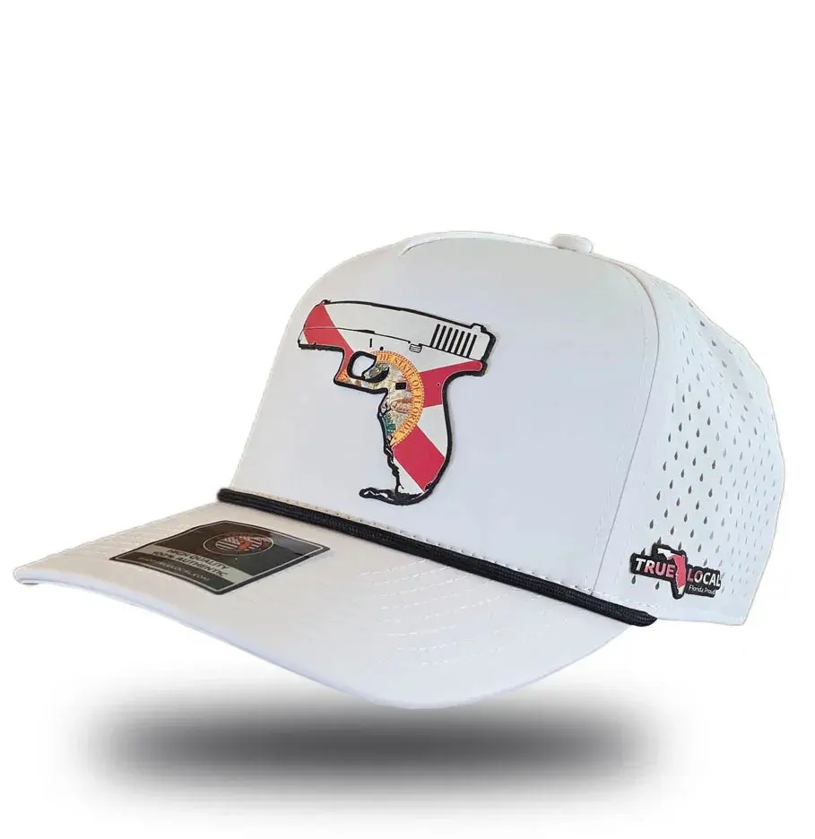 White Florida Gun Hat – Gunshine State 2A Pistol Patch Performance Snapback Cap