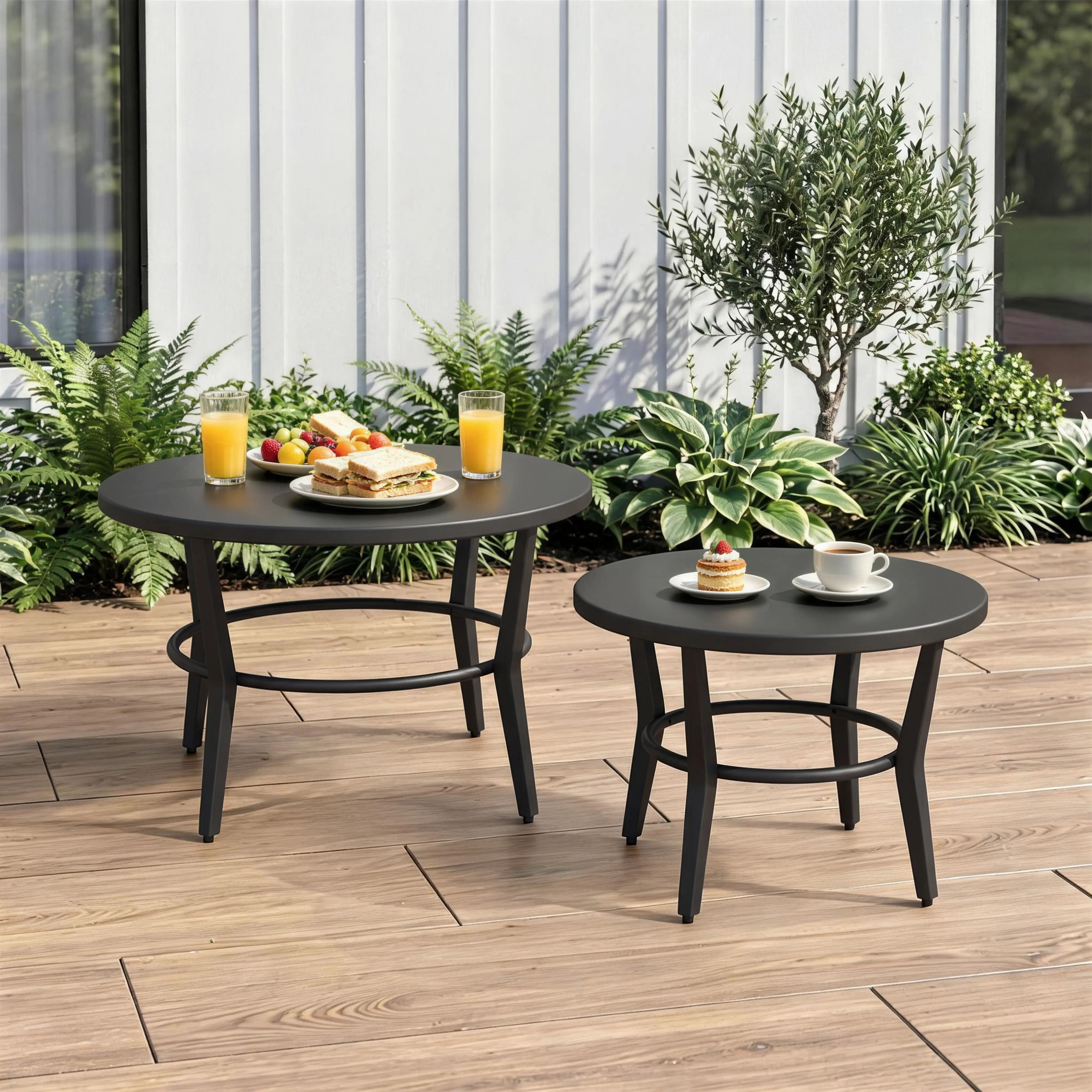 Kullavik 2-Piece Round Outdoor Coffee Table Set - Large Weather-Resistant Steel Piece for Patio, Backyard (Black) - Outdoor Coffee Tables