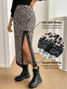 Women Leopard Print Contrast Lace High Waist Midi Skirt, Casual Fitted Woven Fabric, Thin Style for All Seasons, Leopard Printed Skirt