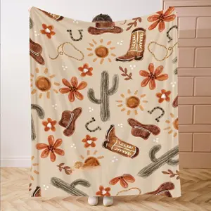 Western Cowboy Boots & Cactus Pattern Blanket, Soft Comfortable Throw Blanket, Cool Bedroom Bedding Blankets, Air-conditioned Room Blanket, Warm Nap Blanket, Cow Print Blanket