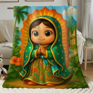 1Pc Anime Virgin Mary & Our Lady Guadalupe Design Soft Flannel Throw Blanket, Cozy Throw Blanket - Lightweight All-Season For Camping, Travel, Home - Pastel Pink & Golden Religious Spanish-Inspired Design - Perfect Gift worm