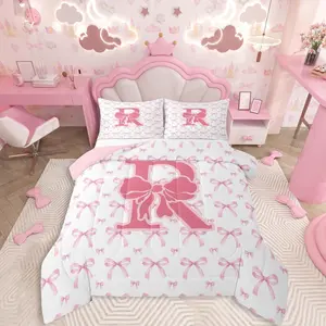 Pink Bowknot Comforter Set All Season Initial R Bedding Set s Coquette Bows Microfiber Kids Bedclothes Monogrammed Bedroom Decor Duvet Quilt Breathable Soft Lightweight