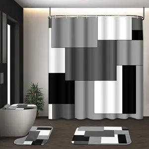 Grey Geometric Shower Curtain Set with Toilet Lid Cover and Non-Slip Rugs for Bathroom, Black White Checkered 4 Pcs Shower Curtain, Modern Abstract Bathroom Set with 12 Hooks