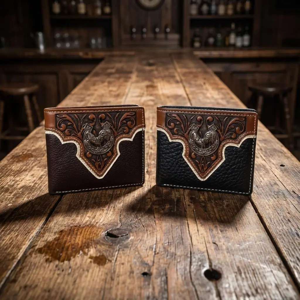 Men's Premium Leather Bifold Wallet - Horseshoe, Intricate Floral Tooling, Unique Rooster Concho for Rodeo Enthusiasts, Bifold Leather Wallet