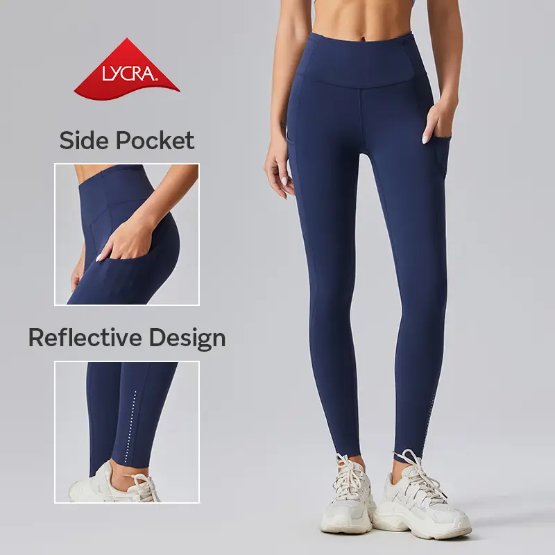 Women's High Waisted Tummy Control Side Pocket Leggings Ladies Sportswear Moisture-wicking Breathable Fabric & Reflective for Night Runs Pocket Leggings & Drawstring Trousers