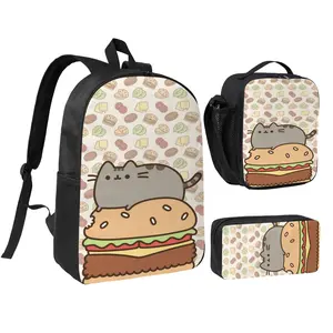 Pusheen Cartoon Backpack Set for Boys and girl 17 inch Bookbags Shoulder Lunch Bag and Pen Case Bag Cool High Students School Bag Packs Satchel Laptop Bags Black