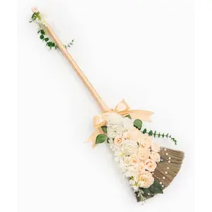 Wedding brooms bride bridegroom jumping the broom for wedding natural whisk broom with ribbons artificial pearl leavesroses for decorative wedding