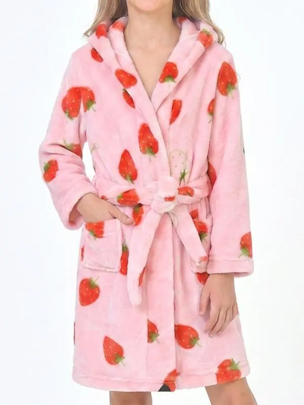 Kids Robe Girls Robe Kids Robes for Girls | Pink Strawberry Print Hooded Flannel Bathrobe | Super Soft Fleece Bath Robe Girls | Teen Robe for Kids Kid Robe | Plush Winter Sleepwear Loungewear Cozy Birthday Gift for Toddler Girl