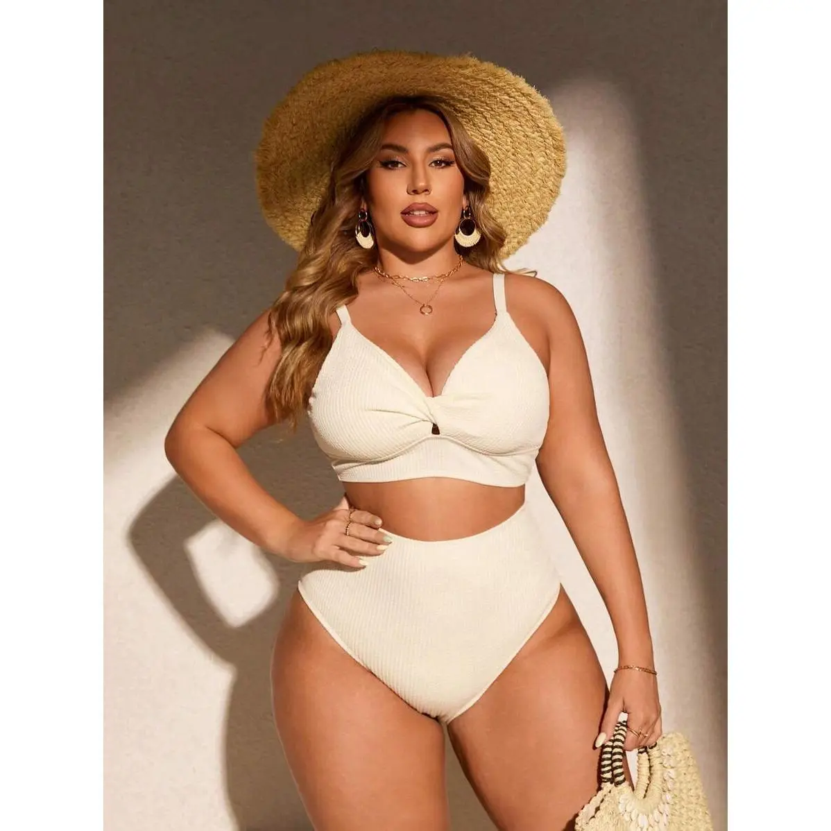 Women's Plus-Size High Waisted Beach Bikini Swimsuit Set - Milky White Textured, Fashionable Flattering, Stretch Polyester Blend, Plus Size Swimsuits, Bikinis Set, Fashionable Swimsuit