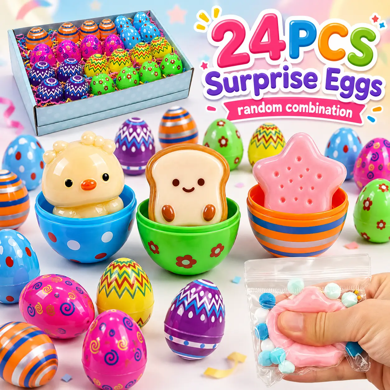 BEIREG 24-Piece Mini Soft Squishy Surprise Eggs Toy - Cute Blind Bag Fidget Toys, Stress Relief Miniature Set, Easter Gifts for Kids