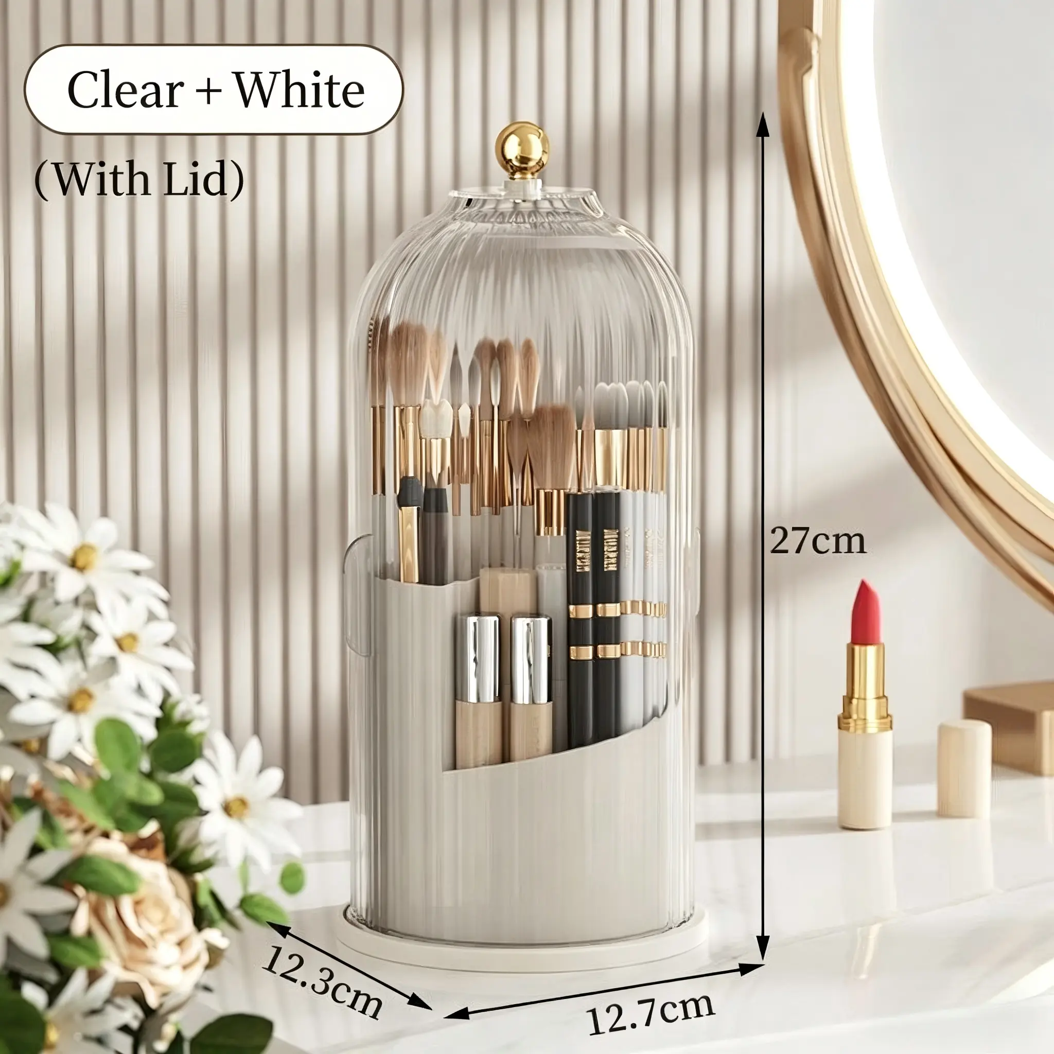 360° Rotating Makeup Brush Holder with Dustproof Clear Lid Spinning Vanity Organizer for Brushes Lipsticks & Countertop Storage Large Capacity Multi-Compartment Design Sturdy & Easy to Clean Jewelry Skull Box