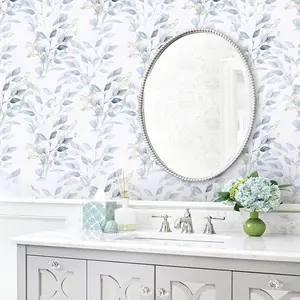 Peel and Stick Wallpaper Green Blue Floral Leaf Wall Paper Self Adhesive Removable Waterproof Contact Paper for Bathroom Bedroom Living Room Decor 15.35" X 78.7"
