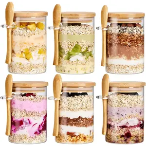 6 Pack Overnight Oats Containers with Bamboo Lids and - 22 oz Airtight Jars with Lid, Meal Prep Jars for Chia Pudding, Yogurt, Salad, Cereal, Coffee, Flour| Canister