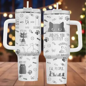 Funny Cat 40oz Tumbler Cat Lover Cup With Handle Engraved Cat Tumbler Gift for Cat Owner