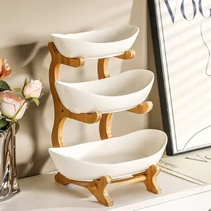 Kitchen Life House Plastic Fruit Bowl with Bamboo Wood Stand for Kitchen Counter Fruit Basket for Vegetable Storage Snack Dessert Cake Tray Plate Rack for Party Wedding