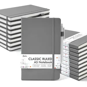 18 Pack Journal Notebook for Work, Business Notebook Bulk Hardcover Lined Writing Journal with Pen Holder for Men Women Note Taking, with 18 Black Pens, 120 GSM, 5.1"x8.3", A5, Gray