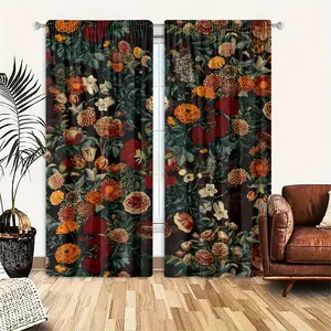 2 pieces, polyester material, HD digital printed vintage floral pattern, blackout curtains, suitable for bedroom, living room, office and home decoration, rod pocket design, suitable for rod installation, Blackout window cover