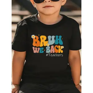 Cool Kids Graphic Tee with Colorful BRUH WE BACK Text and Daisy Flower Design |   Fun Casual T-Shirt for Young Boys and Girls, Perfect Summer Wear, Crew Neck, Short Sleeve, Medium Stretch Fabric