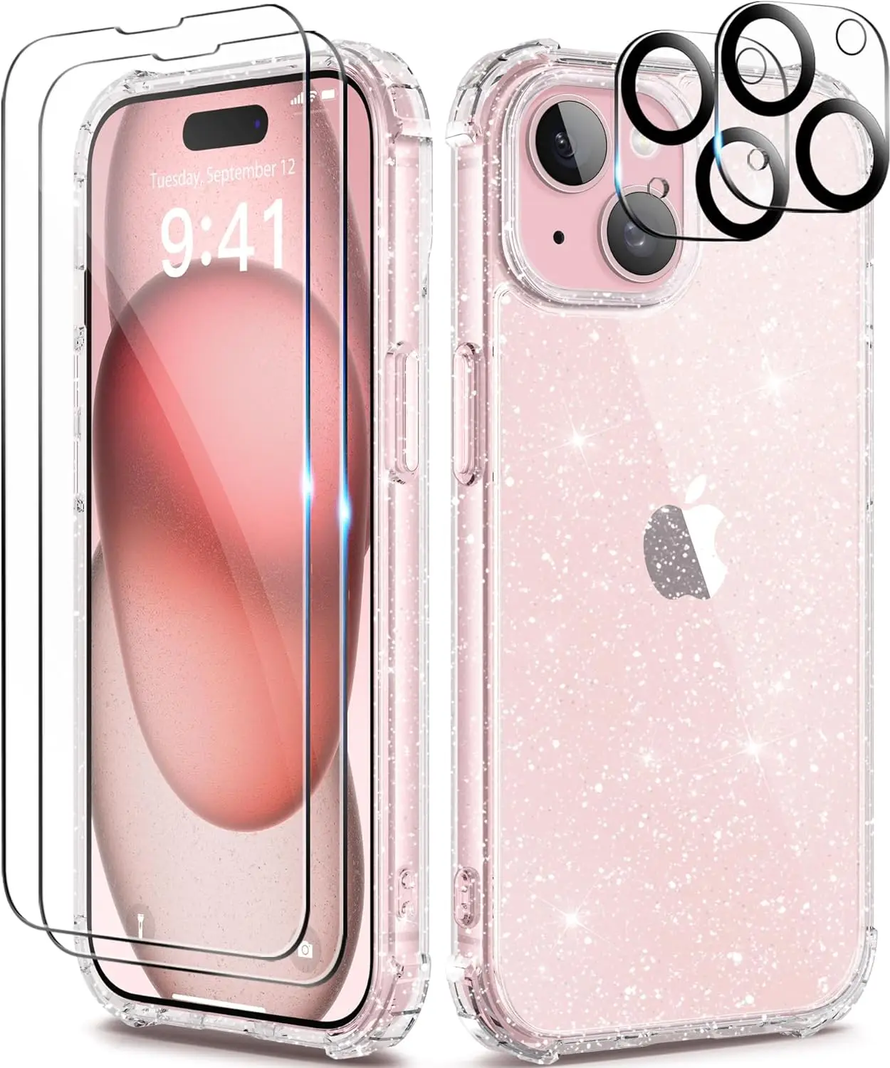 Entronix Case for iPhone 17/16/15/14/13/12/11 Air/Plus/Pro Max - Clear Glitter Cover, 2 Screen Protectors & 2 Camera Lens Protectors, Accessories