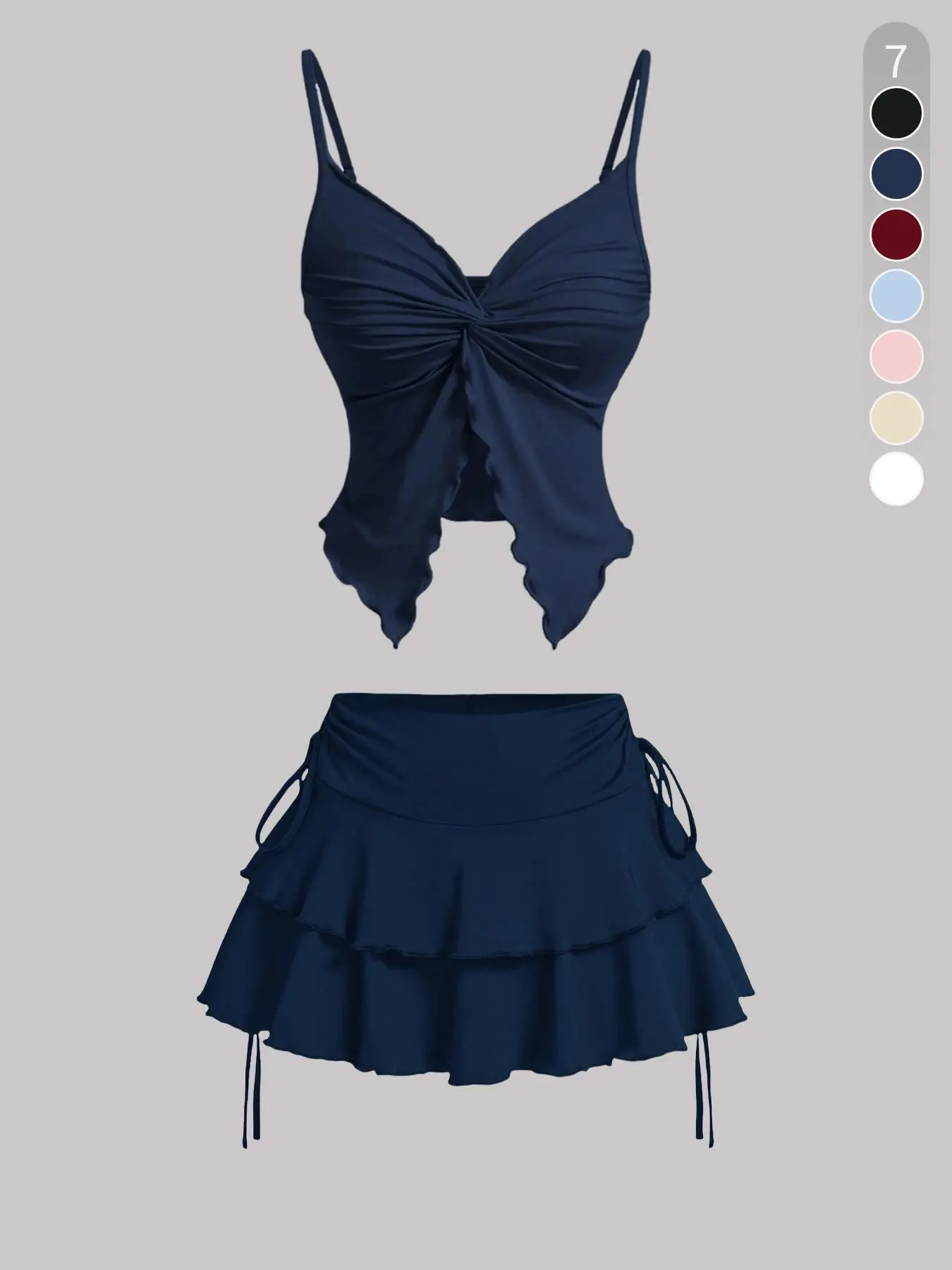 Women's Breathable Casual Solid Fitted Ribbed Strappy Sleeveless Twist-Front Top & Tie-Side Skirt Set Feminine Light
