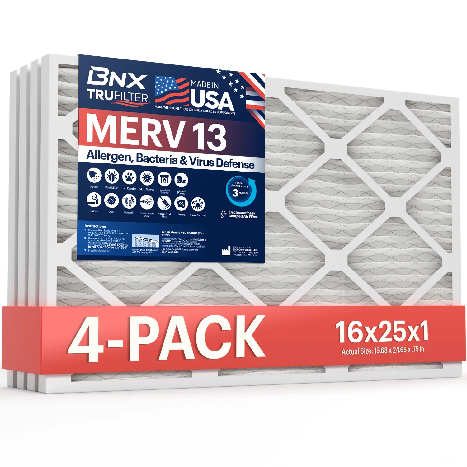 BNX TruFilter 16x25x1 Polypropylene MERV 13 Rating Electrostatic Pleated Air Filter (4-Pack) - MADE IN USA - HVAC AC Furnace Filters for Allergies, Smoke - MPR 1900 FPR 10, Fits HVAC Systems