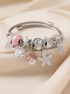 Oceanic Charm DIY Pearl Octopus Pendant Bracelet, Stainless Steel Open-End Adjustable Beaded Design, Adorable, Perfect Gift for Women, Beach Vacation, Party, Octopus Charms, Starfish Charms