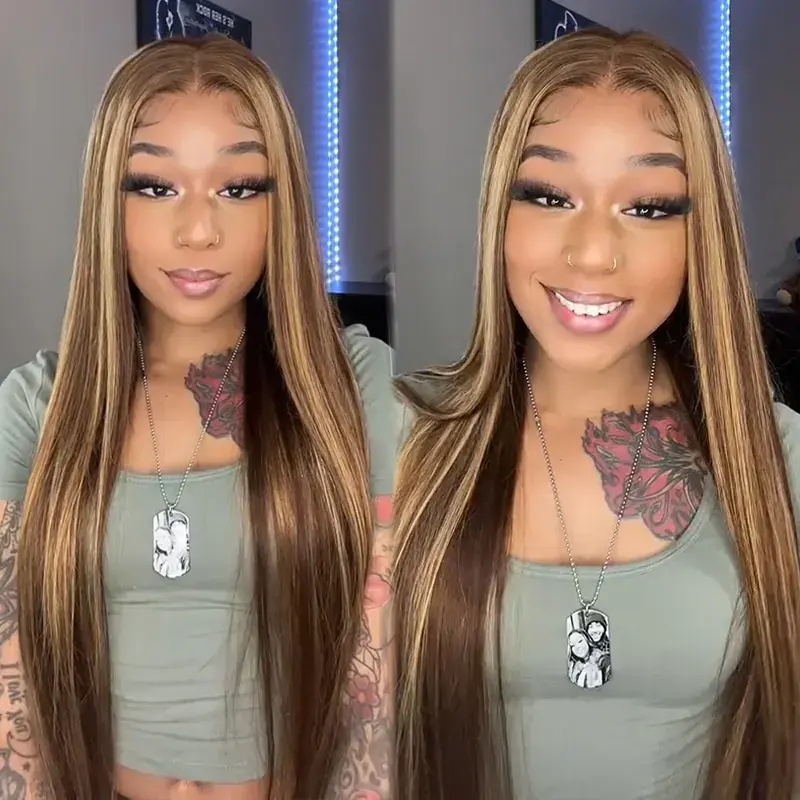 ISEE HAIR Wear and Go Glueless Wig, Straight Highlight Brown 6x4 Pre-Cut Lace Closure, Natural Looking Wig for Beginners, Lace Frontal Wig