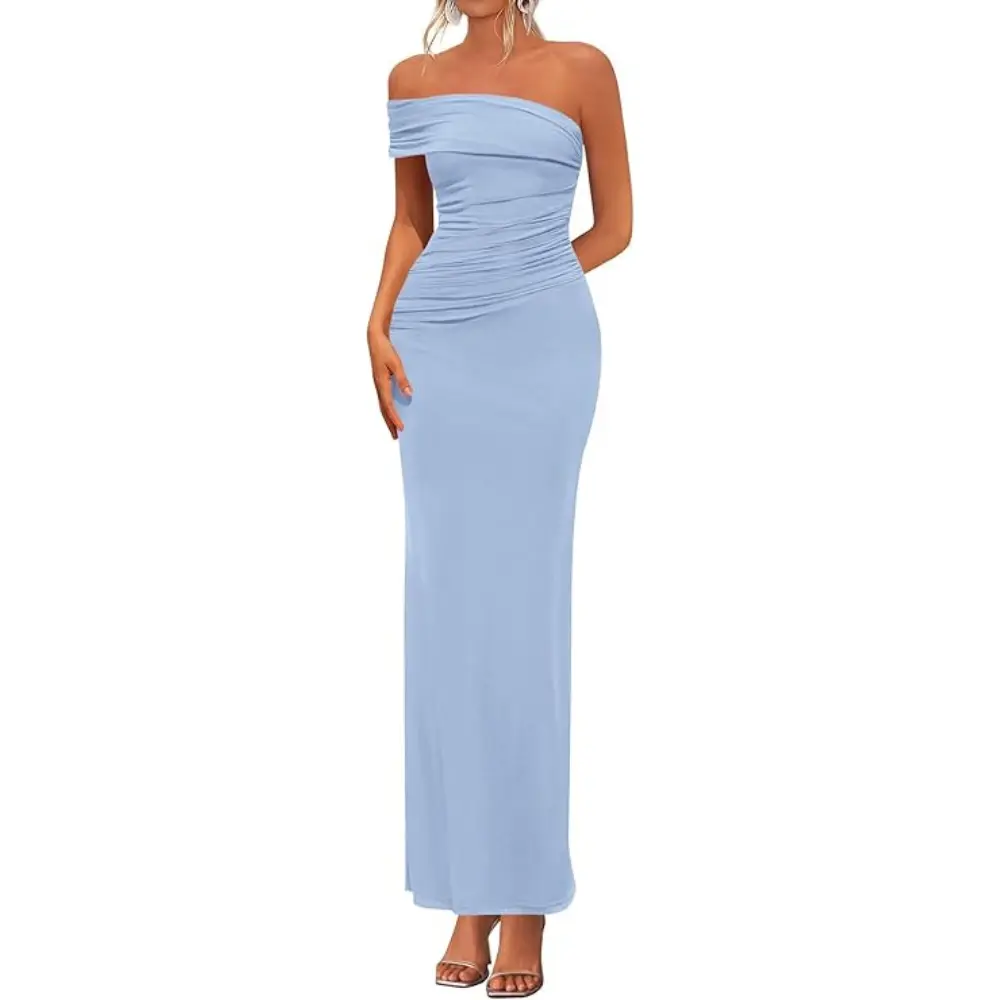 PrettyGarden Women's Wedding Guest Cocktail Dresses One Off The Shoulder Ruched Bodycon Formal Maxi Party Summer Outfits