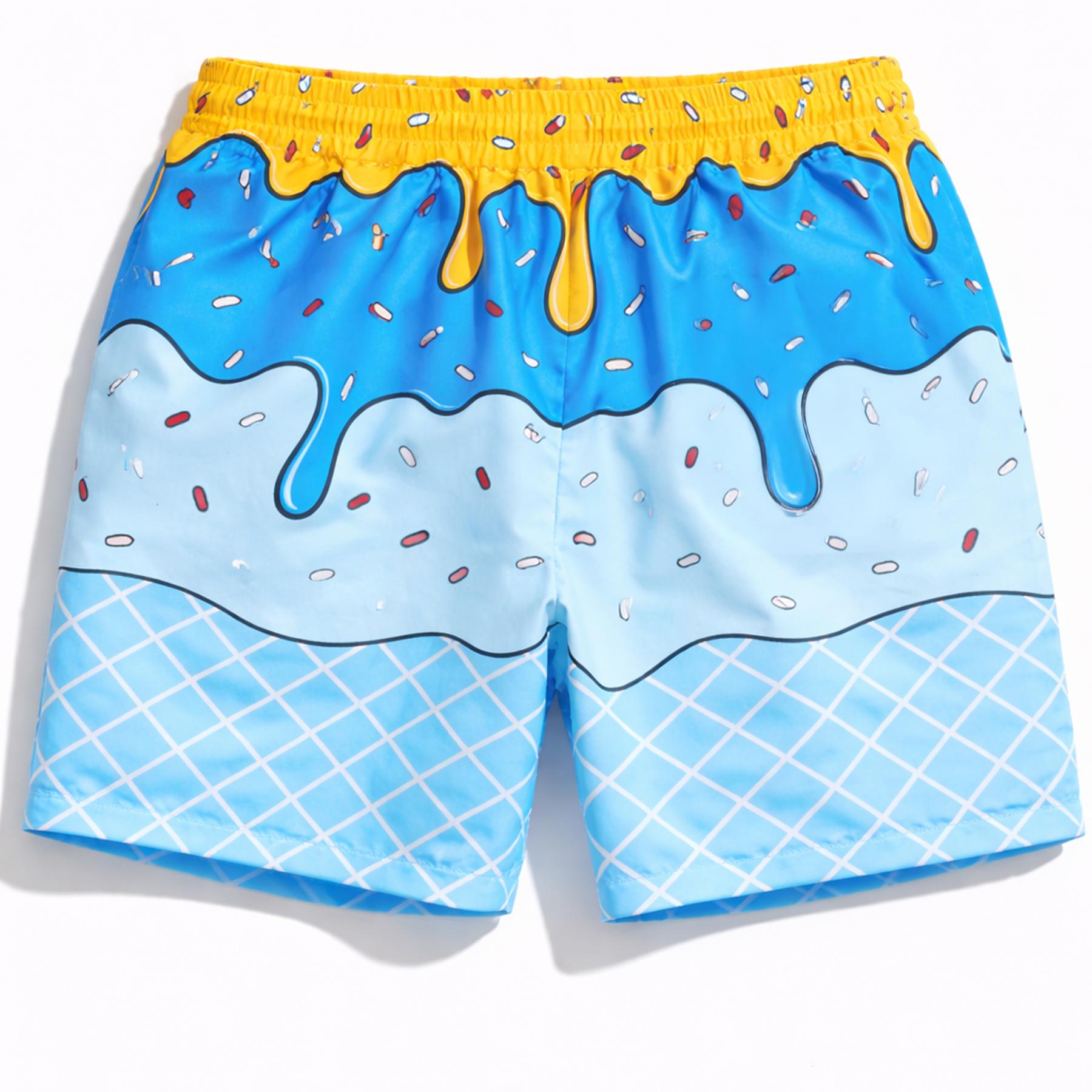 Mens Graphic Swim Trunks Y2K Ice Cream Drip Print Cartoon Beach Shorts All Over Sprinkle Doodle Elastic Drawstring Relaxed Fit Novelty Board Shorts Pop Art Streetwear Vacation Pool Party Resort Cruise Surf Water Park Festival Seaside Holiday Summer Outfit