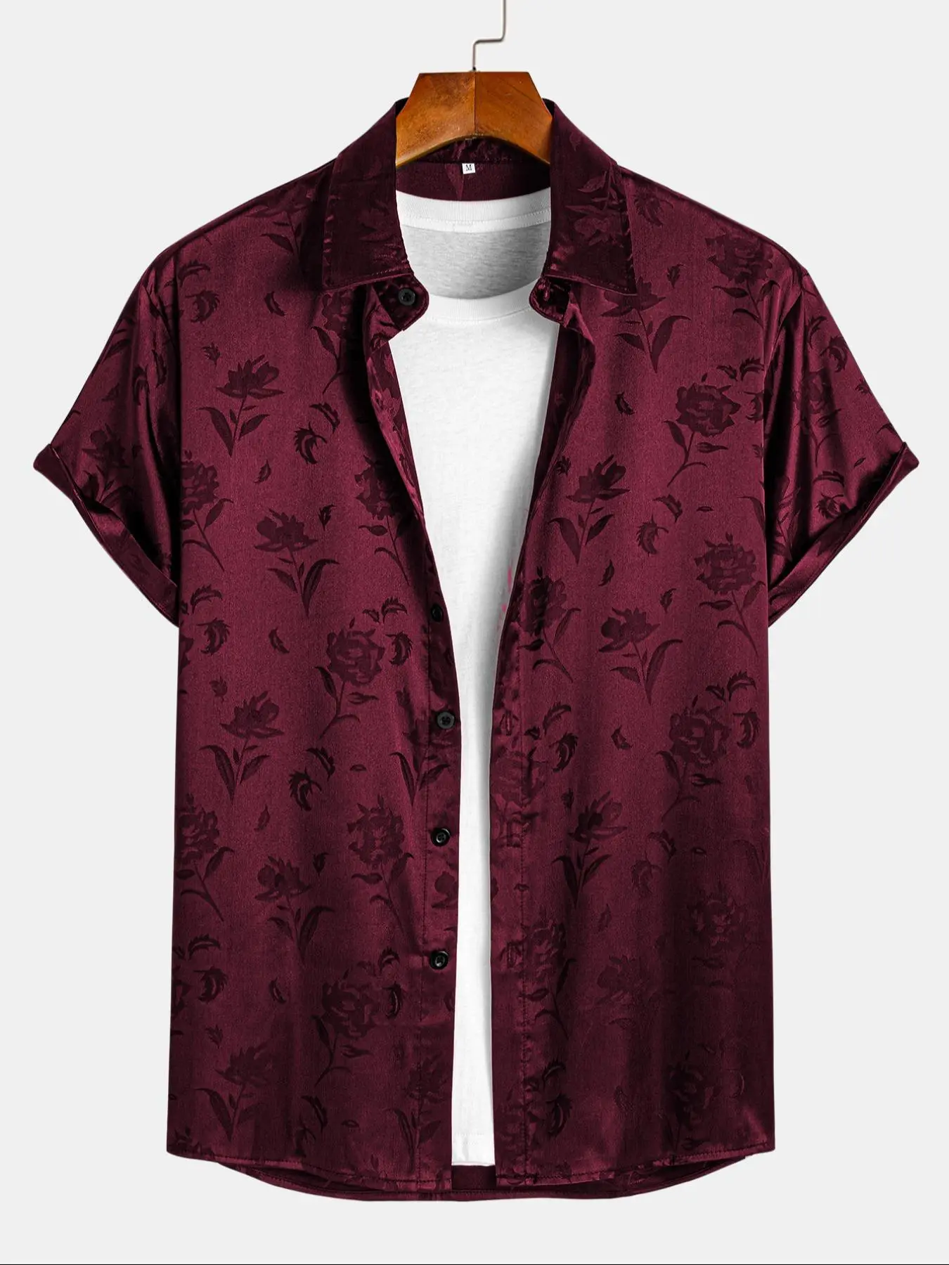 Men's Rose Print Botanical Floral Jacquard Shirt, Regular Fit Short Sleeve Casual Button Collared Top for Summer, Fashion Men's Clothes for Daily Wear, Casual Stylish Menswear, Casual Summer Clothing