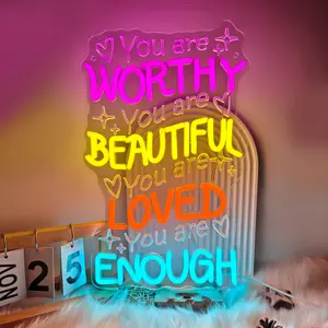 You Are Worthy Neon Sign LED Wall Decoration Encouragement Slogans for Christmas & Birthday Gifts Night Light Suitable for Self or Friends