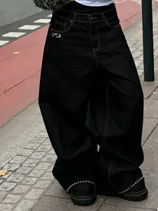 American-Style Cleanfit Original Color Denim Jeans, Personalized Pocket Embroidery & Rivet Decorations, Loose Straight-Leg Wide-Leg Jeans, Pants, Streetwear