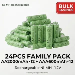 24PCS (12AA+12AAA),AA + AAA Rechargeable Replacement Batteries Combo Pack, NiMH 1.2V Pre-Charged, AA 2000mAh & AAA 600mAh, for Remotes Toys Clocks
